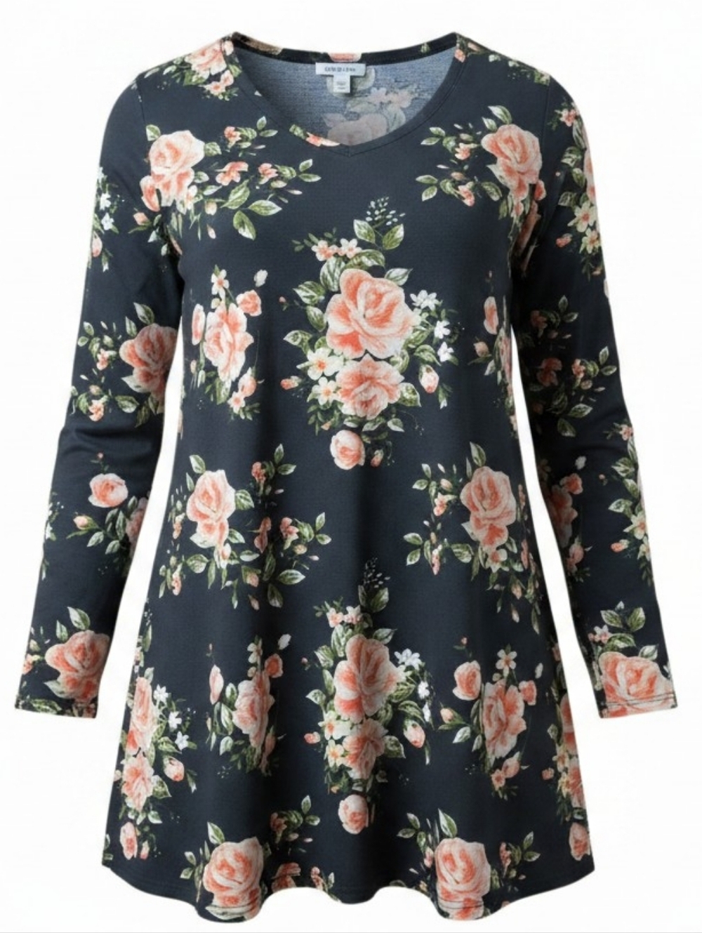 LULAROE | Floral‎ Peach Green Long Sleeve Swing Tunic Top V-Neck Stretch | XL